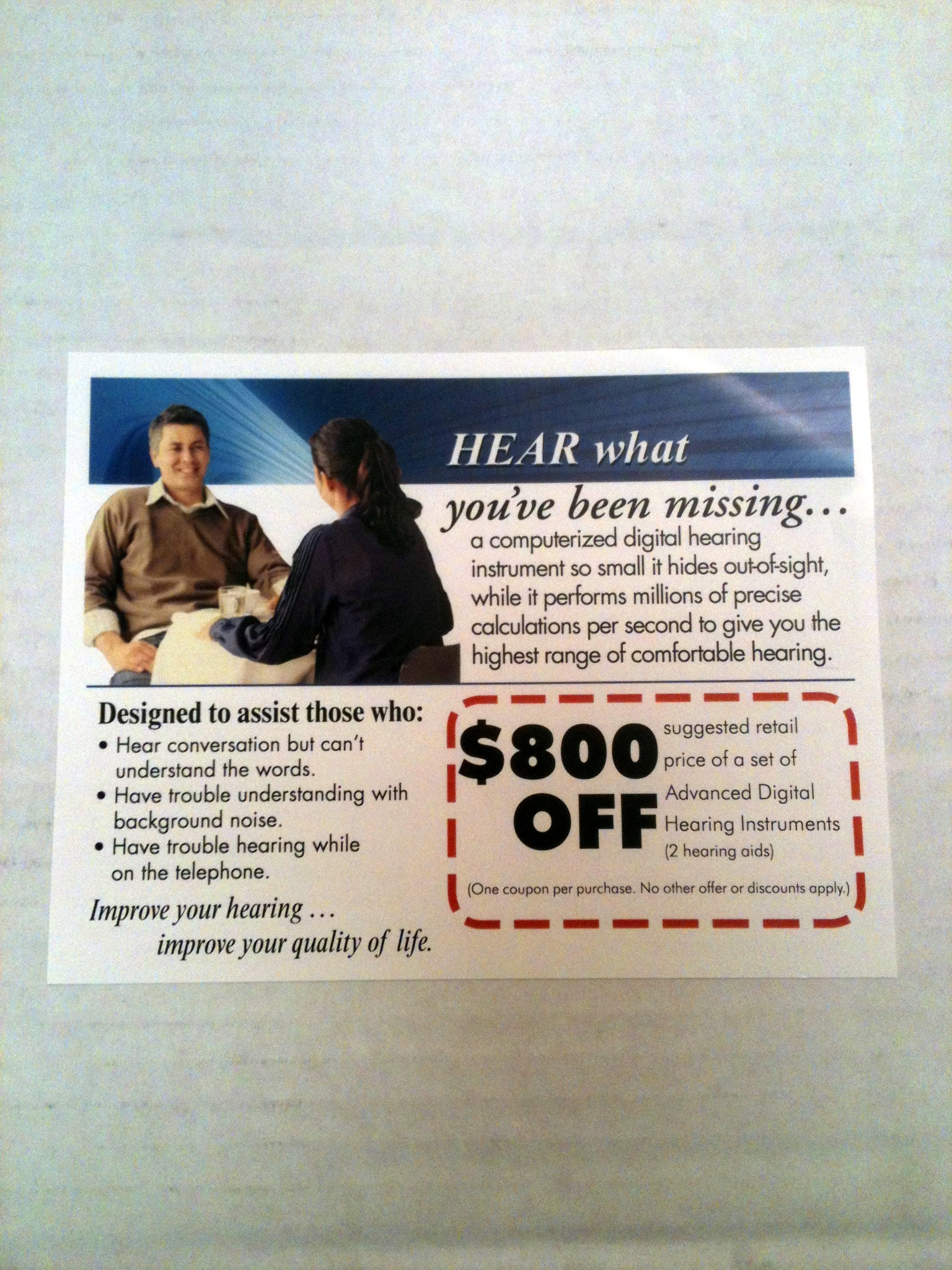 Photo of a card offering $800 off a hearing aid from Beltone