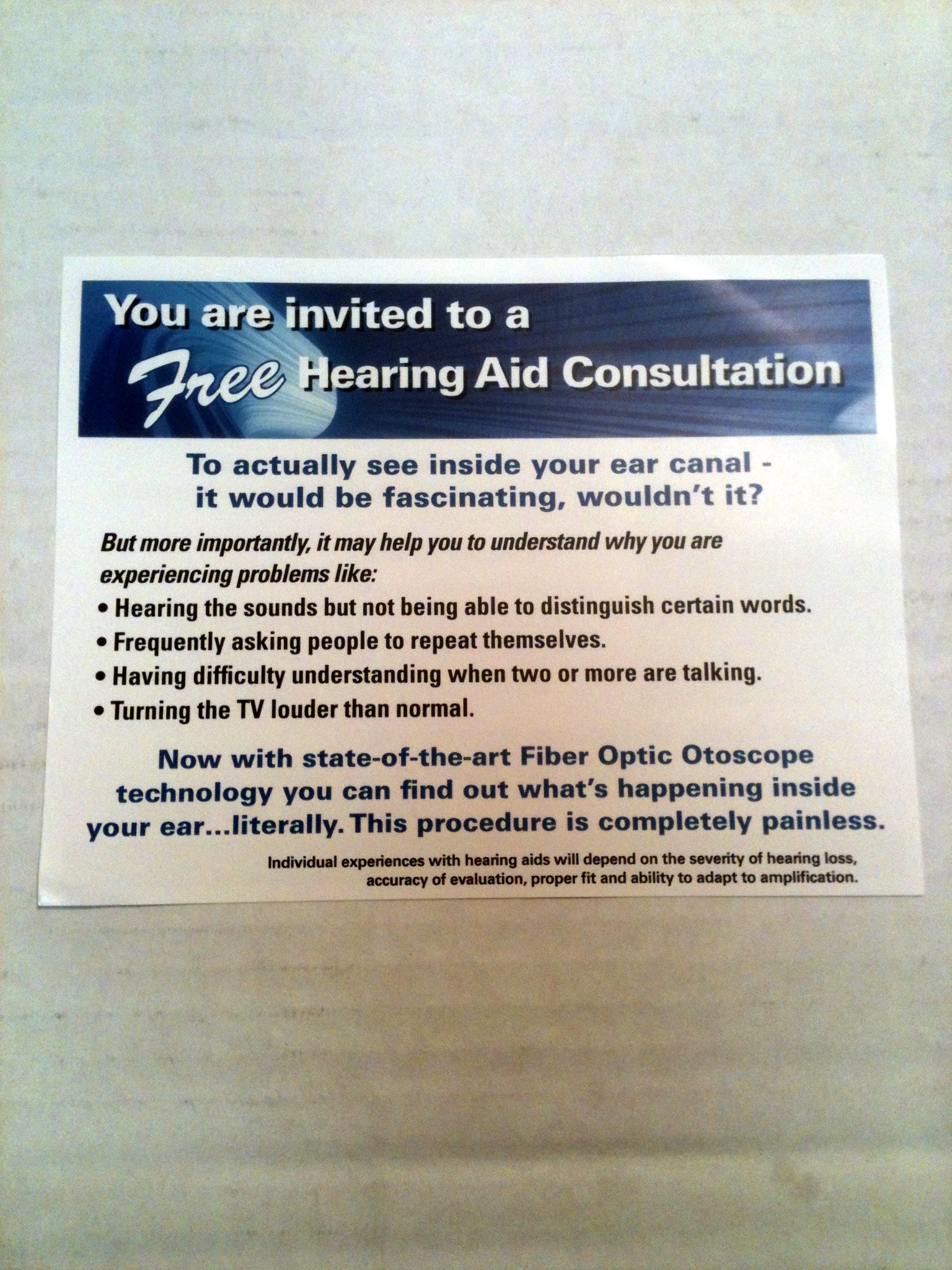 Photo of a card offering a free hearing aid consultation at Beltone