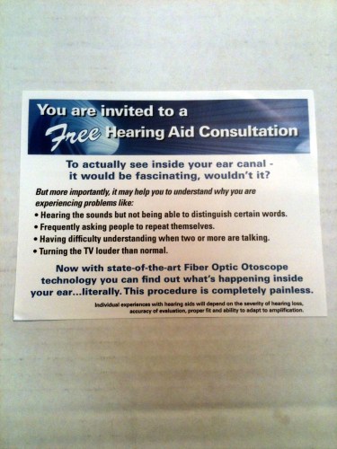 Photo of a card offering a free hearing aid consultation at Beltone