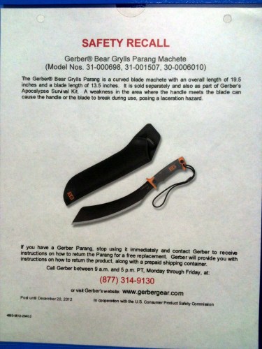Photo of a sign at Walmart informing customers of a safety recall for a machete