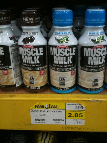 Photo of Muscle Milk at the grocery store, but the tag is misspelled and says "Mussle Milk"